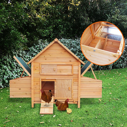 Wooden chicken coop with nesting boxes, ramp, and hens in backyard garden