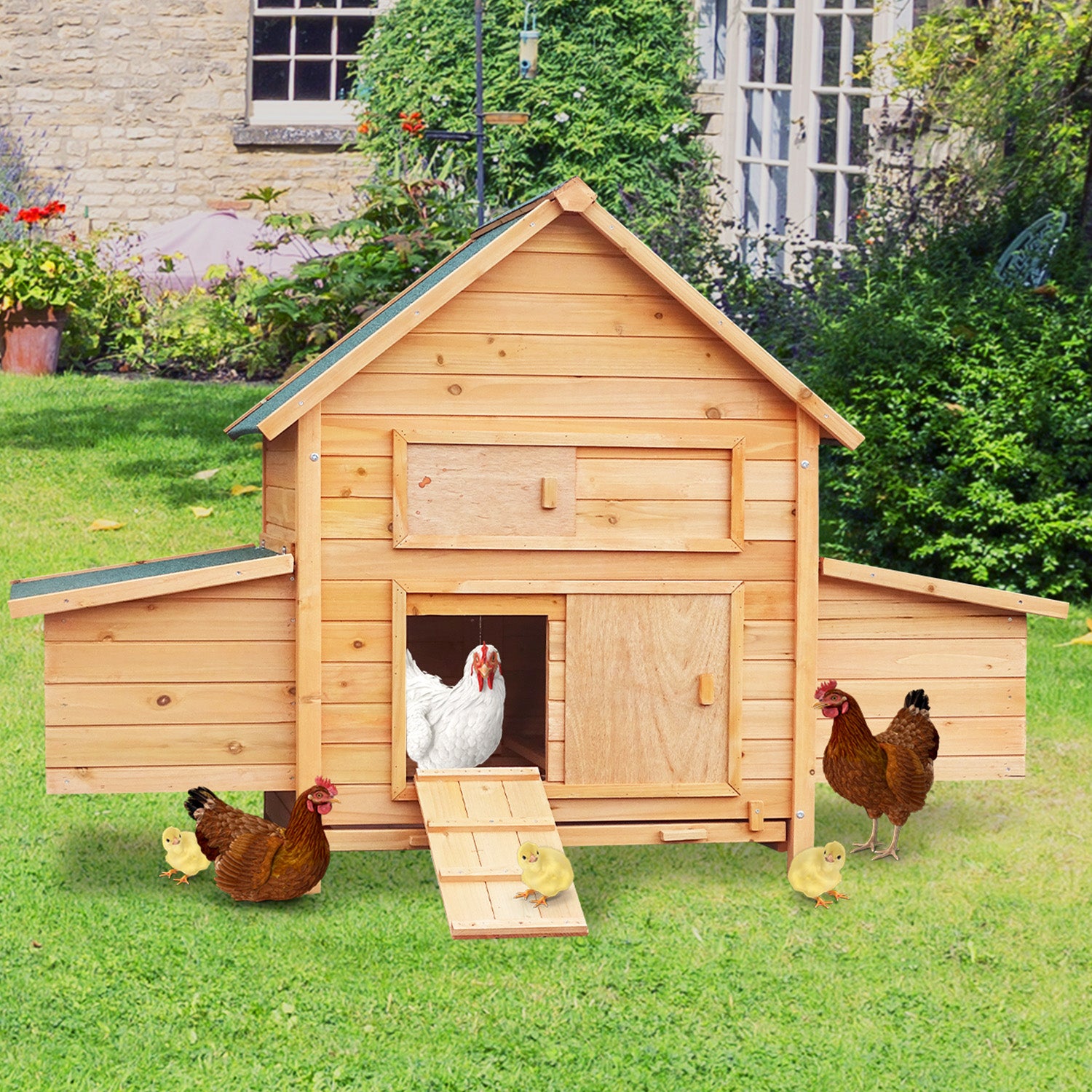 Wooden chicken coop with hens and chicks in garden, ideal for backyard poultry keeping