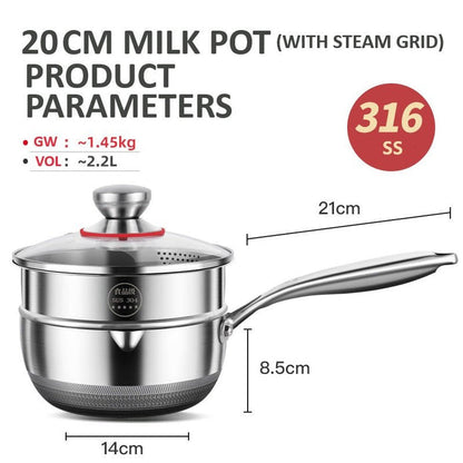 316L Stainless Steel Saucepan 20cm with Honeycomb Nonstick and Glass Lid