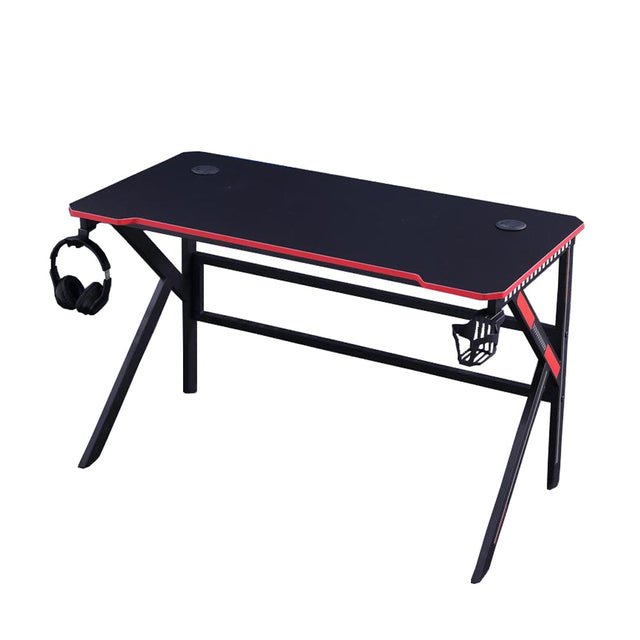 Black gaming desk with red trim, headphone hook, and cup holder for PC setup