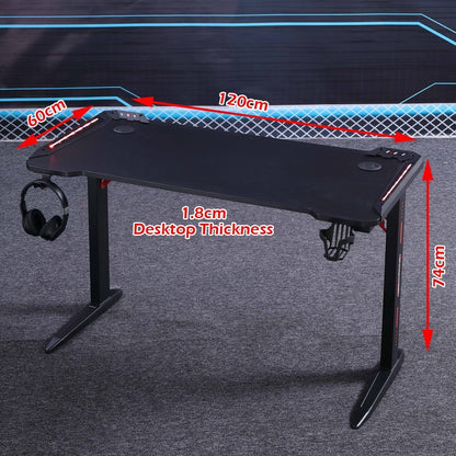 Black gaming desk 120x60cm with RGB lights, headphone hook, cup holder, 1.8cm thick desktop, 74cm height