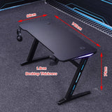 Black gaming desk with LED lights, 140x60cm, 74cm height, 1.8cm thick desktop, ideal for gamers