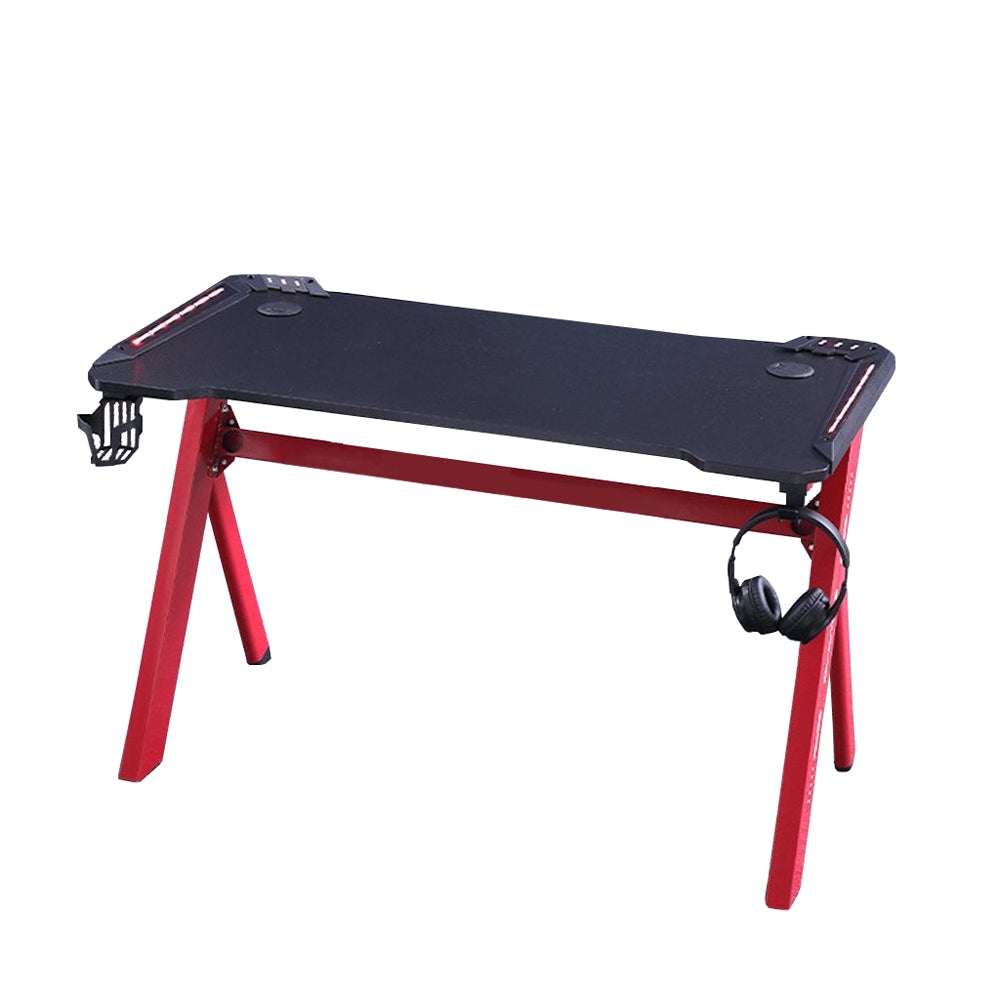 Red and black gaming desk with headphone hook and cup holder, ideal for gamers and streamers