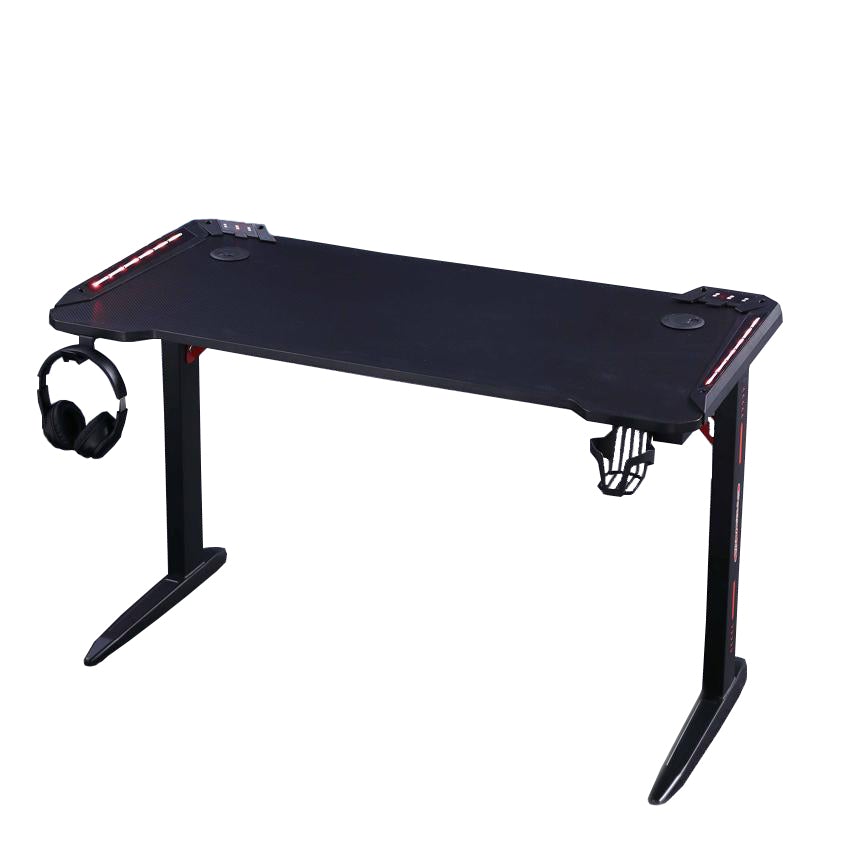 Black gaming desk with RGB lights, headphone hook, and cup holder for PC setup