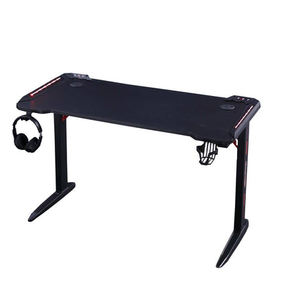 Black gaming desk with RGB lights, headphone hook, and cup holder for PC setup