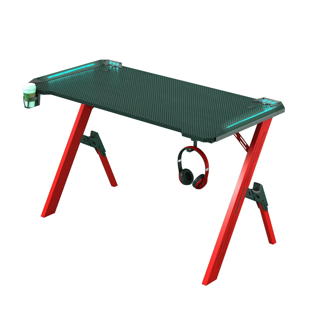 Gaming desk with red legs, carbon fiber top, RGB lighting, cup holder, and headphone hook