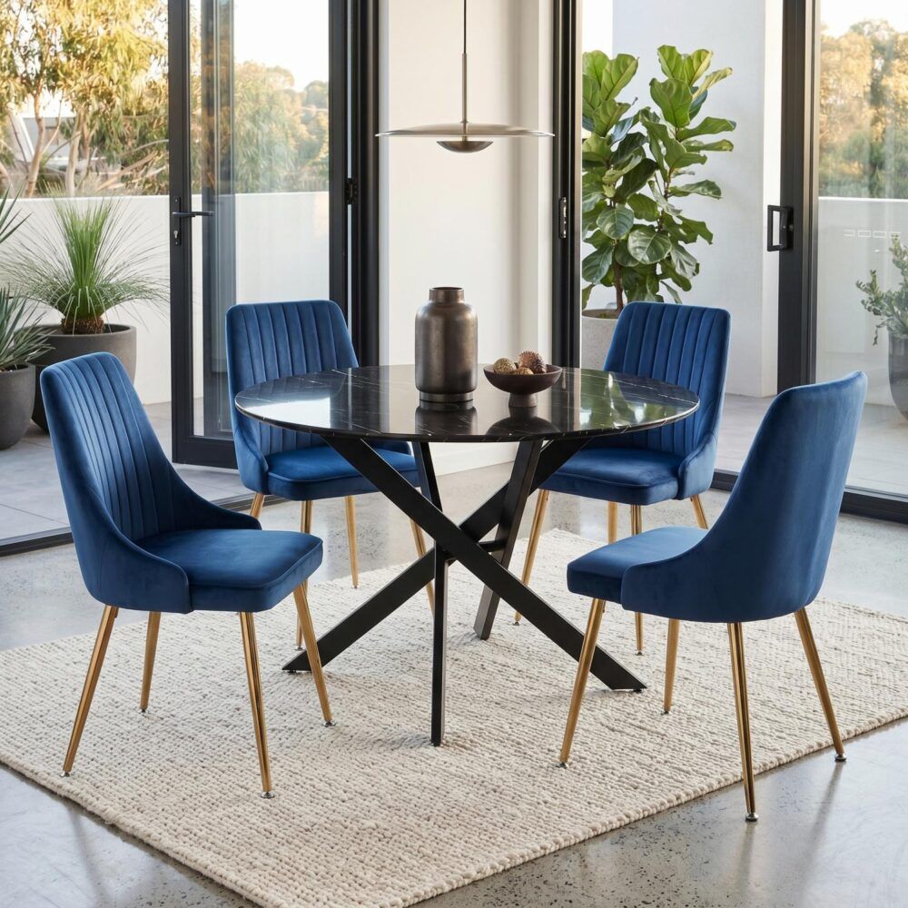 Marble Effect Dining Table and Chair Set 110cm with 4 Velvet Chairs