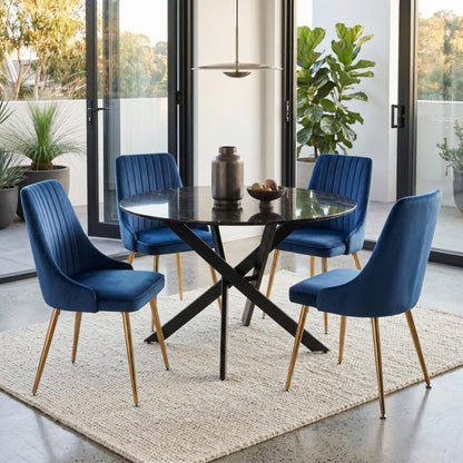 Marble Effect Dining Table and Chair Set 110cm with 4 Velvet Chairs