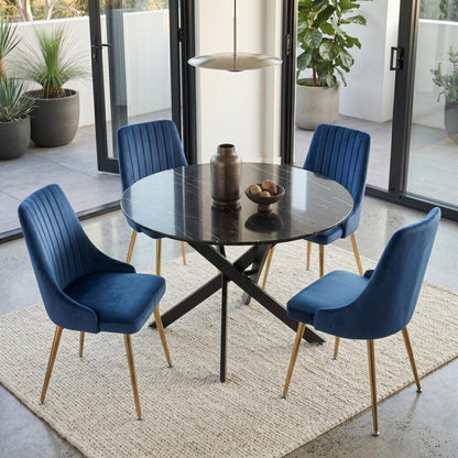 Marble Effect Dining Table and Chair Set 110cm with 4 Velvet Chairs