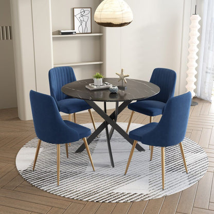 Marble Effect Dining Table and Chair Set 110cm with 4 Velvet Chairs