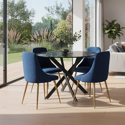 Marble Effect Dining Table and Chair Set 110cm with 4 Velvet Chairs