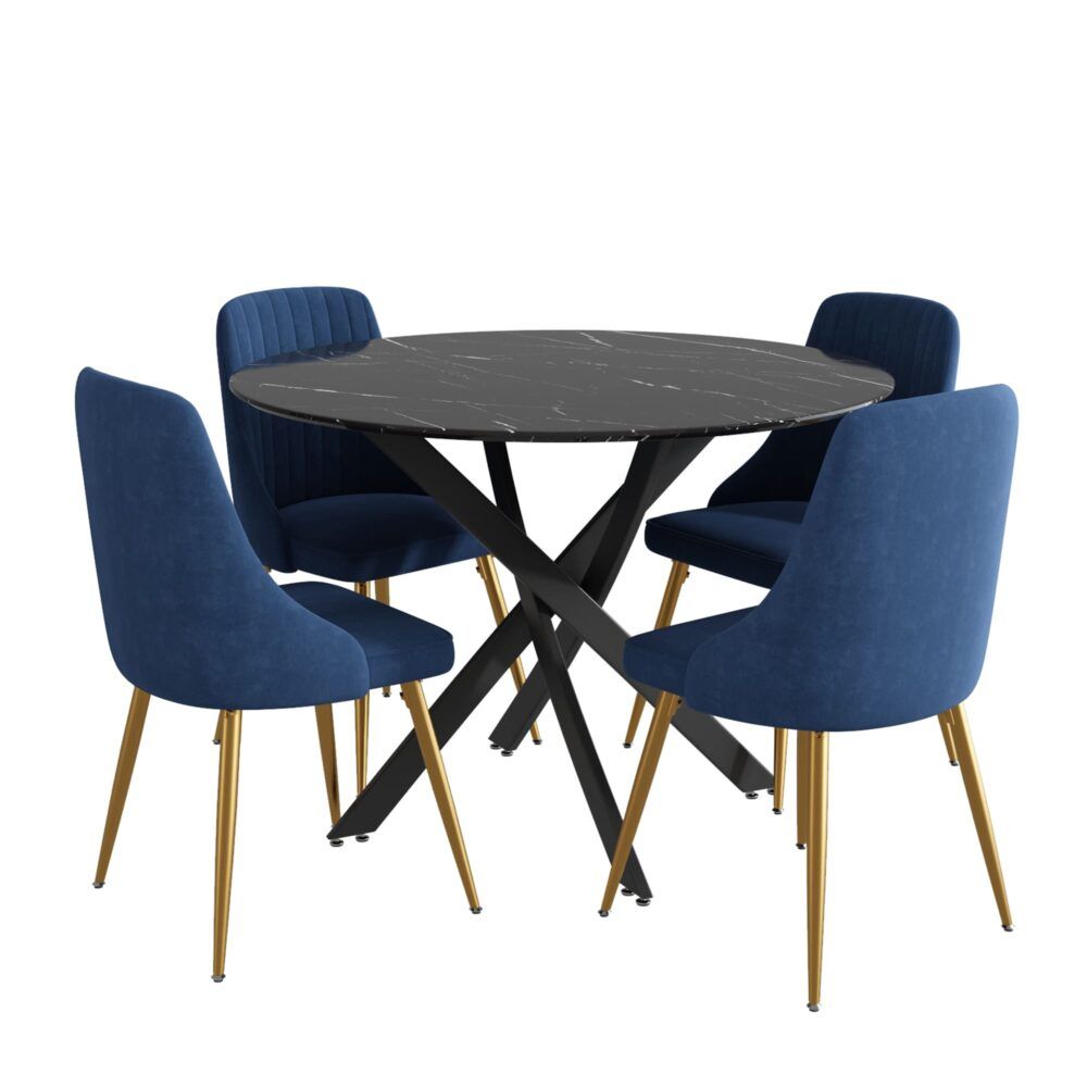 Marble Effect Dining Table and Chair Set 110cm with 4 Velvet Chairs