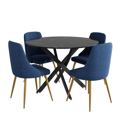 Marble Effect Dining Table and Chair Set 110cm with 4 Velvet Chairs
