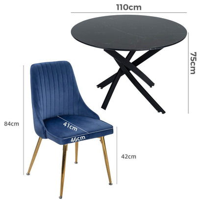Marble Effect Dining Table and Chair Set 110cm with 4 Velvet Chairs