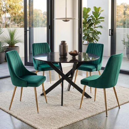 Marble Effect Dining Table and Chair Set 110cm with 4 Green Velvet Chairs