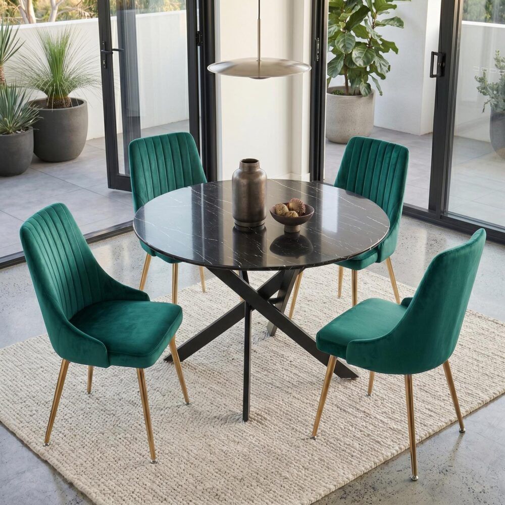 Marble Effect Dining Table and Chair Set 110cm with 4 Green Velvet Chairs