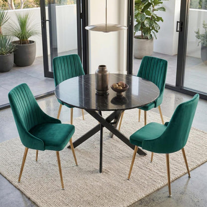 Marble Effect Dining Table and Chair Set 110cm with 4 Green Velvet Chairs