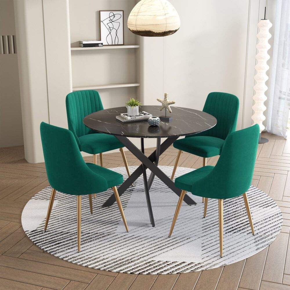 Marble Effect Dining Table and Chair Set 110cm with 4 Green Velvet Chairs