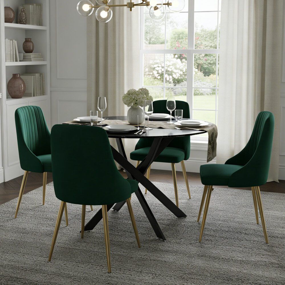 Marble Effect Dining Table and Chair Set 110cm with 4 Green Velvet Chairs