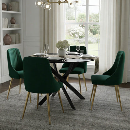 Marble Effect Dining Table and Chair Set 110cm with 4 Green Velvet Chairs