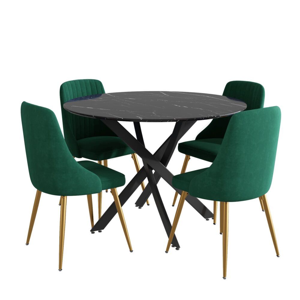 Marble Effect Dining Table and Chair Set 110cm with 4 Green Velvet Chairs
