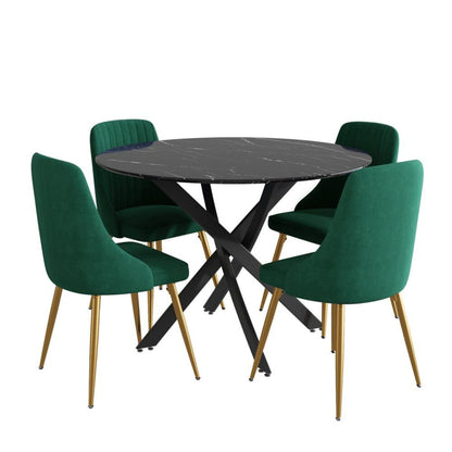 Marble Effect Dining Table and Chair Set 110cm with 4 Green Velvet Chairs