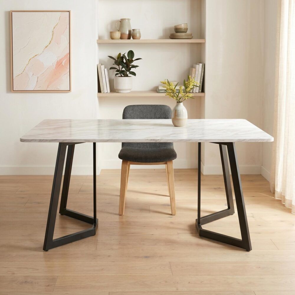 Marble Effect Rectangular Dining Table 170cm Seats 6 with Steel Legs