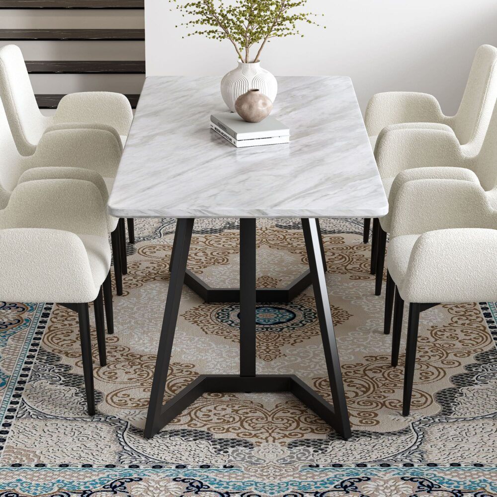 Marble Effect Rectangular Dining Table 170cm Seats 6 with Steel Legs