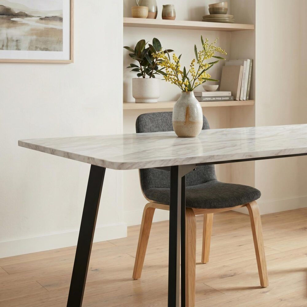 Marble Effect Rectangular Dining Table 170cm Seats 6 with Steel Legs