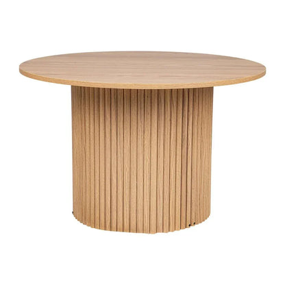 Round natural wood dining table with fluted cylindrical base and smooth top