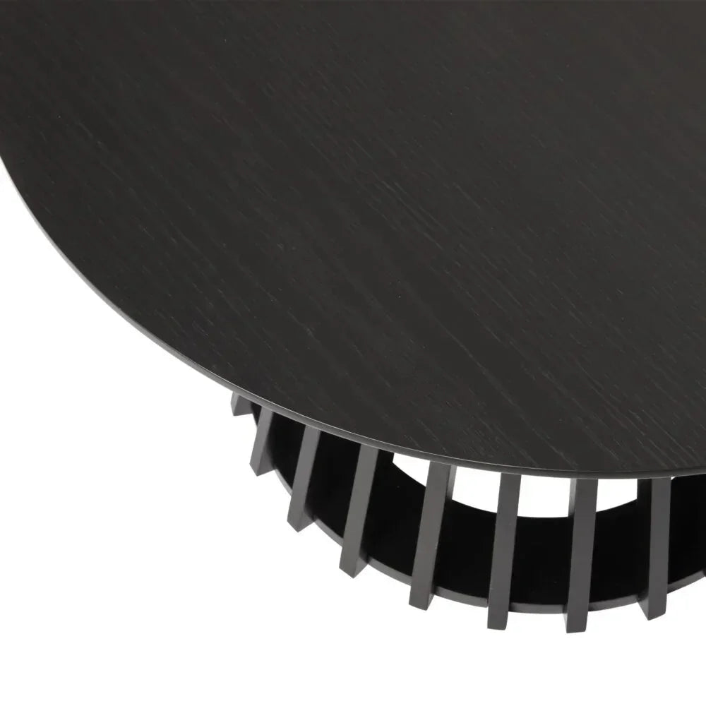 Round black wood coffee table with slatted base, modern minimalist design