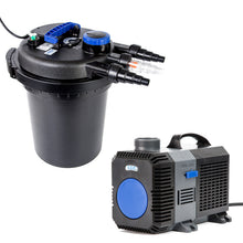 Black pond filter with blue accents and ECO pump for garden water features, outdoor use