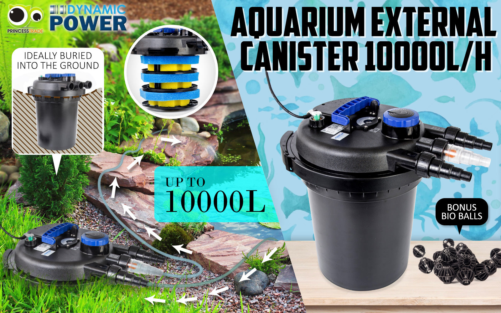 Aquarium external canister filter for up to 10000L, ideal for pond use with bonus bio balls