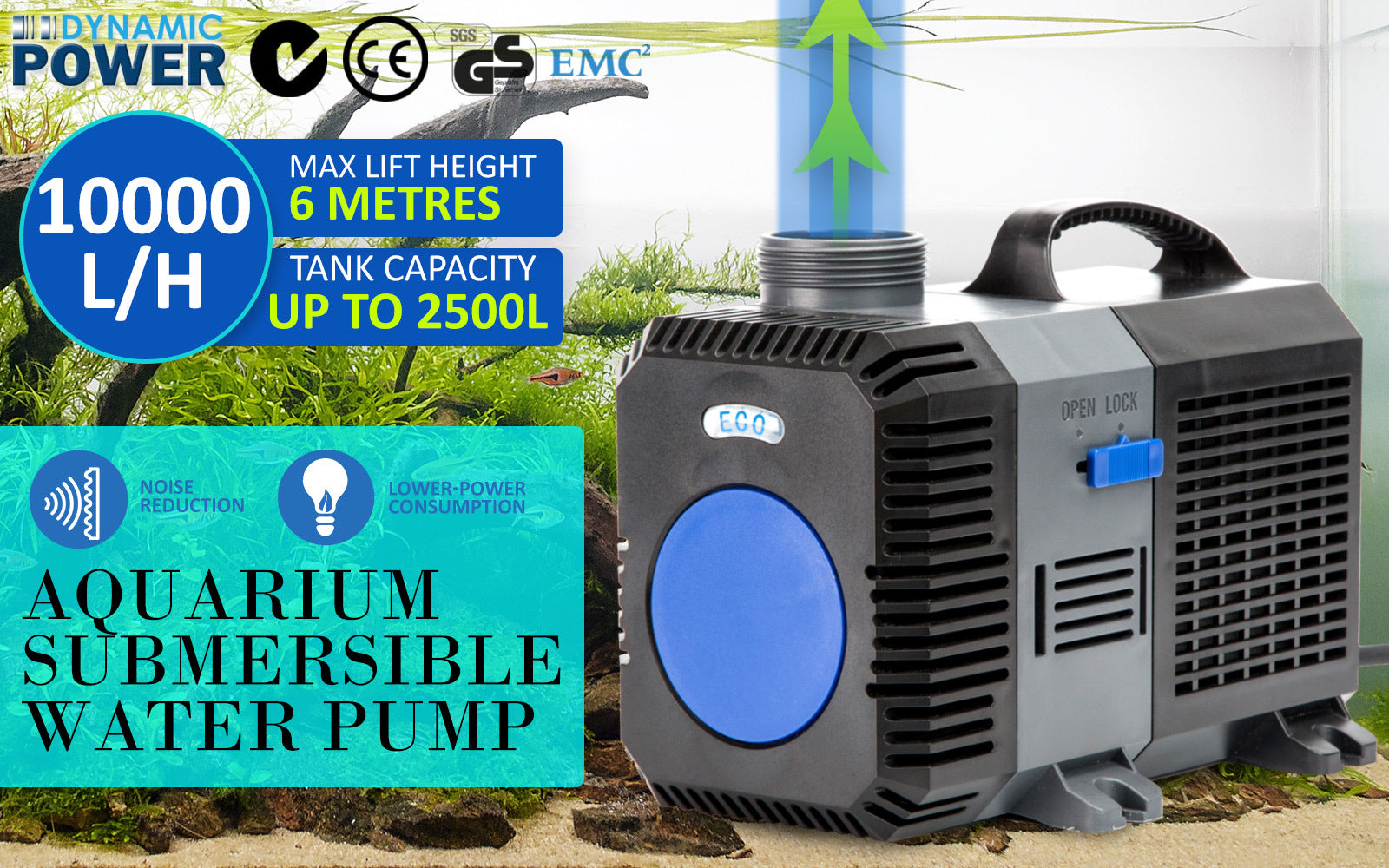 10000L/H aquarium submersible water pump for tanks up to 2500L, eco-friendly with noise reduction and low power use