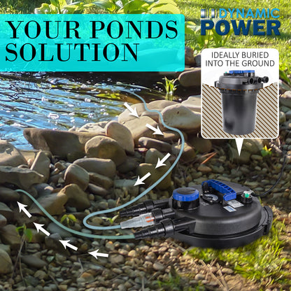 Pond filter pump for garden ponds, buried ground solution with water flow diagram