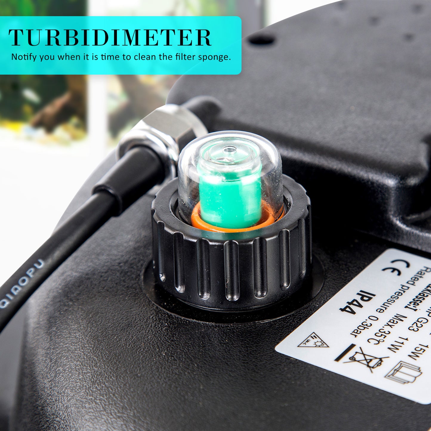Turbidimeter indicator for filter sponge cleaning alert on aquarium pump