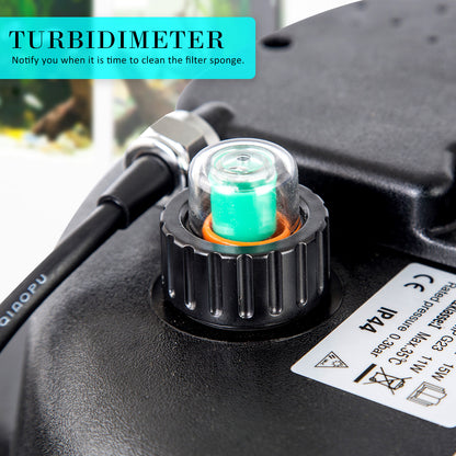 Turbidimeter indicator for filter sponge cleaning alert on aquarium pump