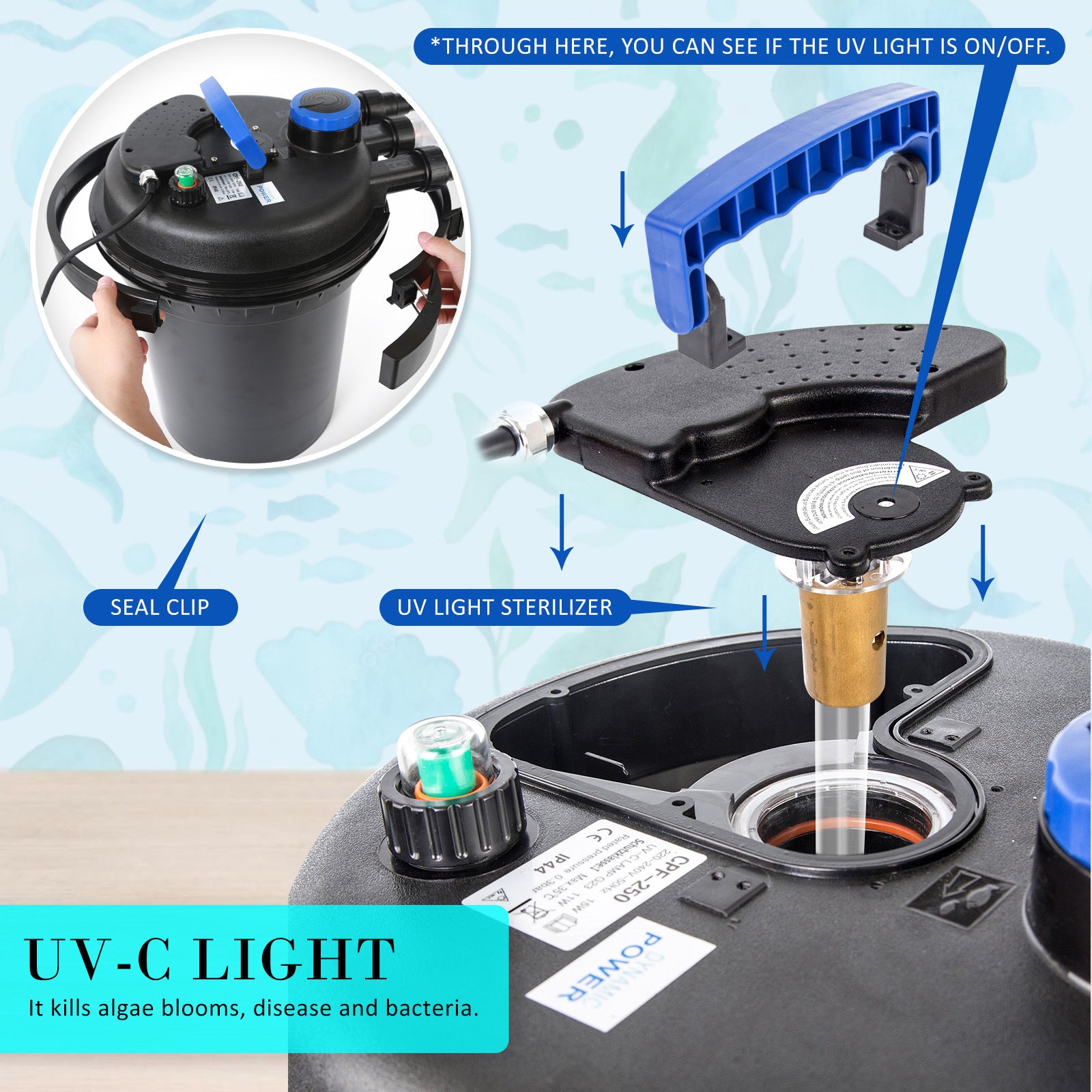 UV-C light sterilizer for aquariums, kills algae blooms and bacteria with seal clip feature