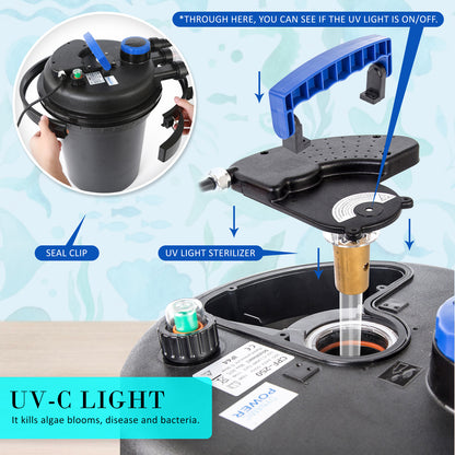 UV-C light sterilizer for aquariums, kills algae blooms and bacteria with seal clip feature