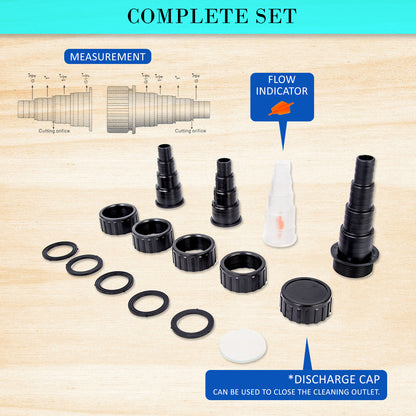 Complete black plastic plumbing adapter set with flow indicator, discharge cap, and O-rings for hose connections