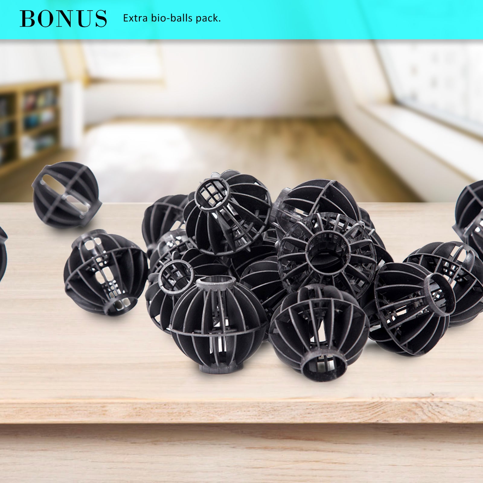 Black bio balls for aquarium filter media, bonus pack on wooden surface