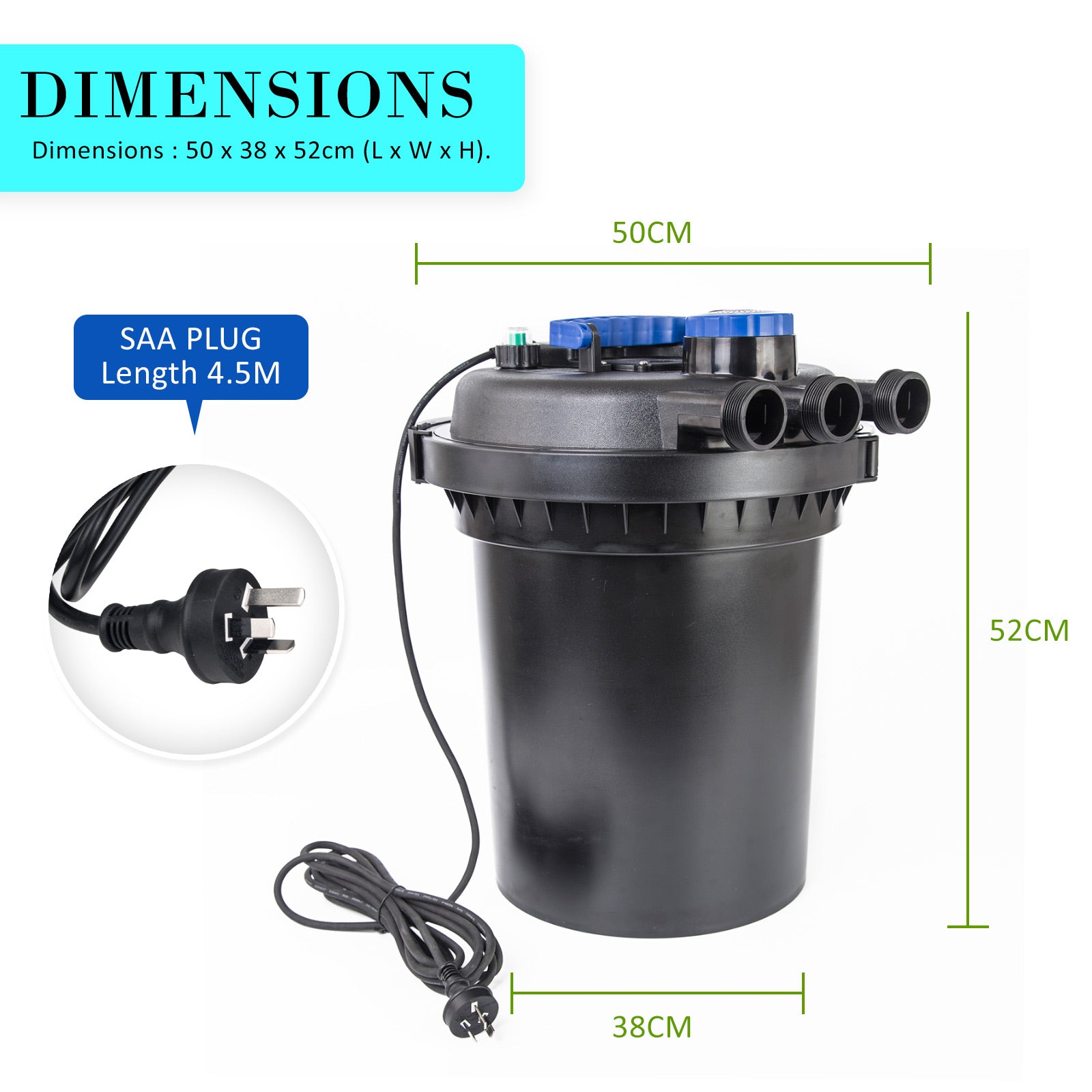 Black pond filter with SAA plug, 50x38x52cm, 4.5m cord, for garden water features
