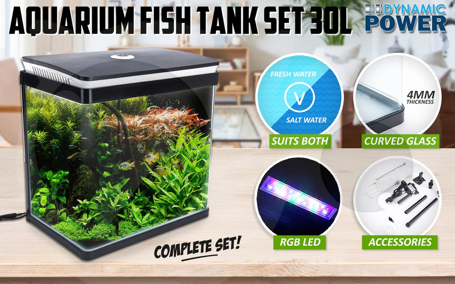 Aquarium Fish Tank 30L Curved Glass RGB LED Filter Pump 38x26x40cm