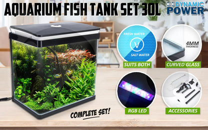 Aquarium Fish Tank 30L Curved Glass RGB LED Filter Pump 38x26x40cm