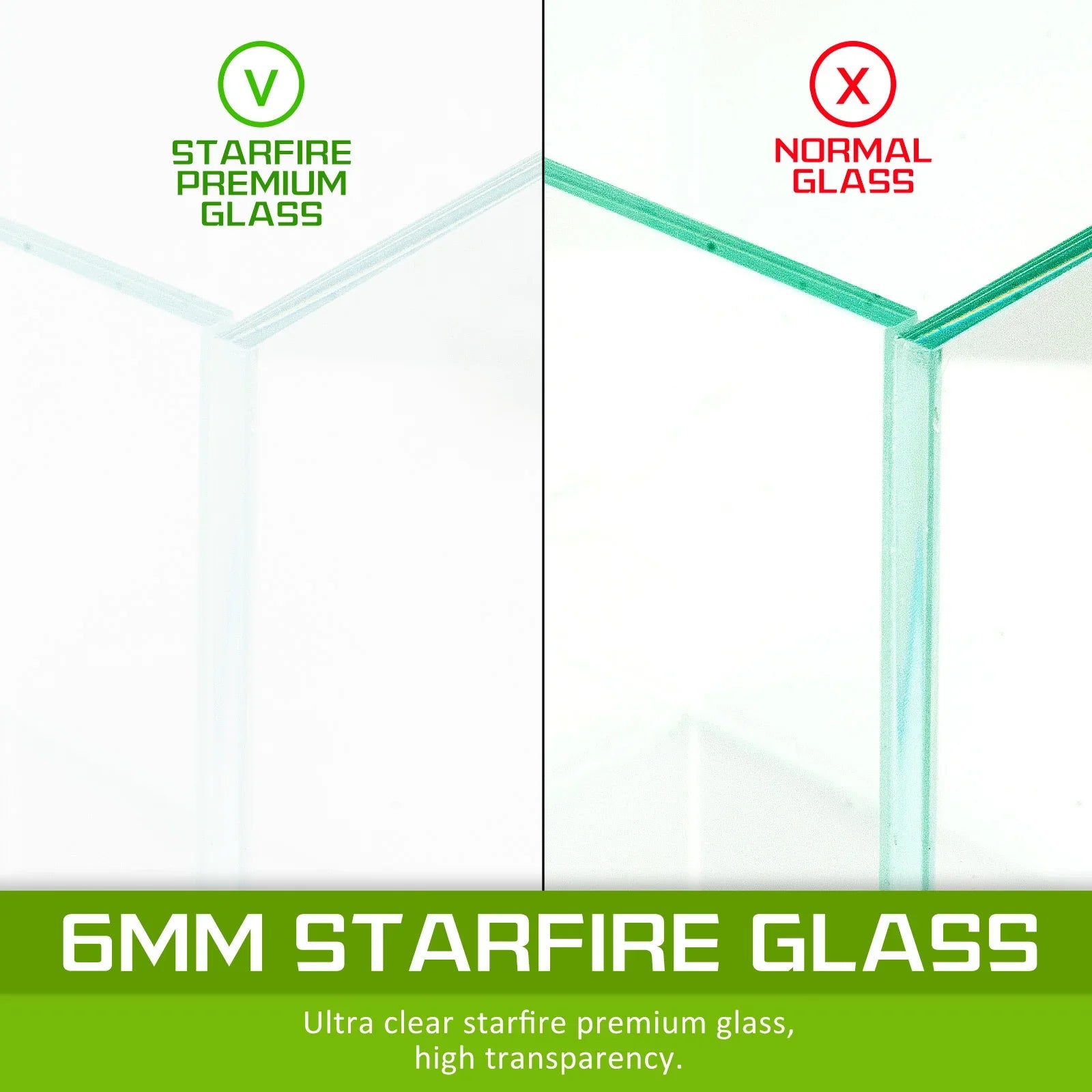 Comparison of 6mm starfire premium glass and normal glass panels, highlighting superior clarity and high transparency.