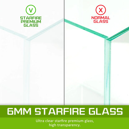 Comparison of 6mm starfire premium glass and normal glass panels, highlighting superior clarity and high transparency.