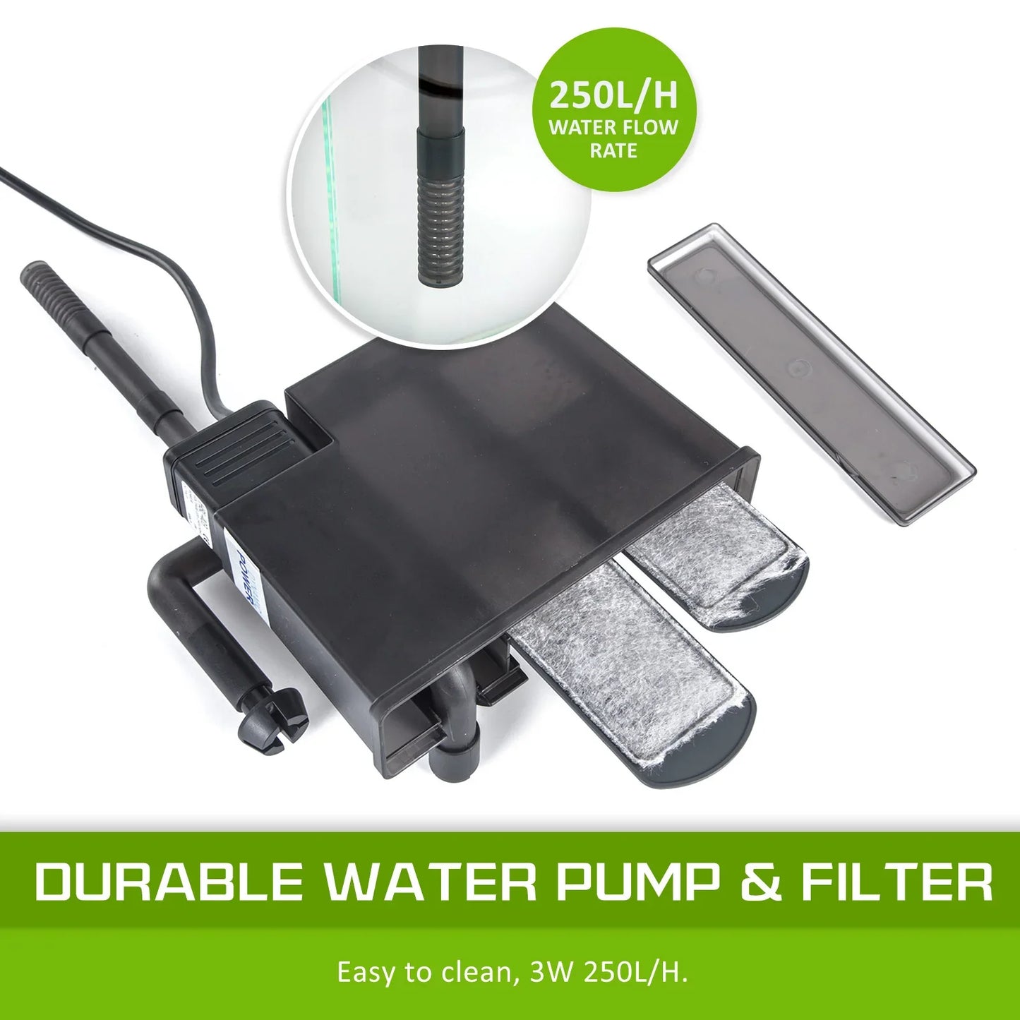Aquarium water pump and filter, 250L/H flow rate, easy to clean, black compact design