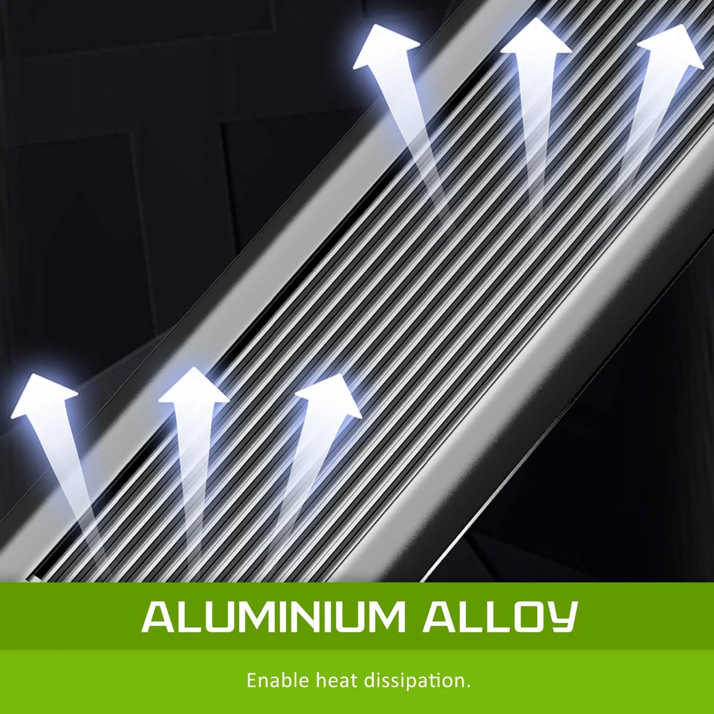 Aluminium alloy heat sink with arrows indicating heat dissipation, close-up view
