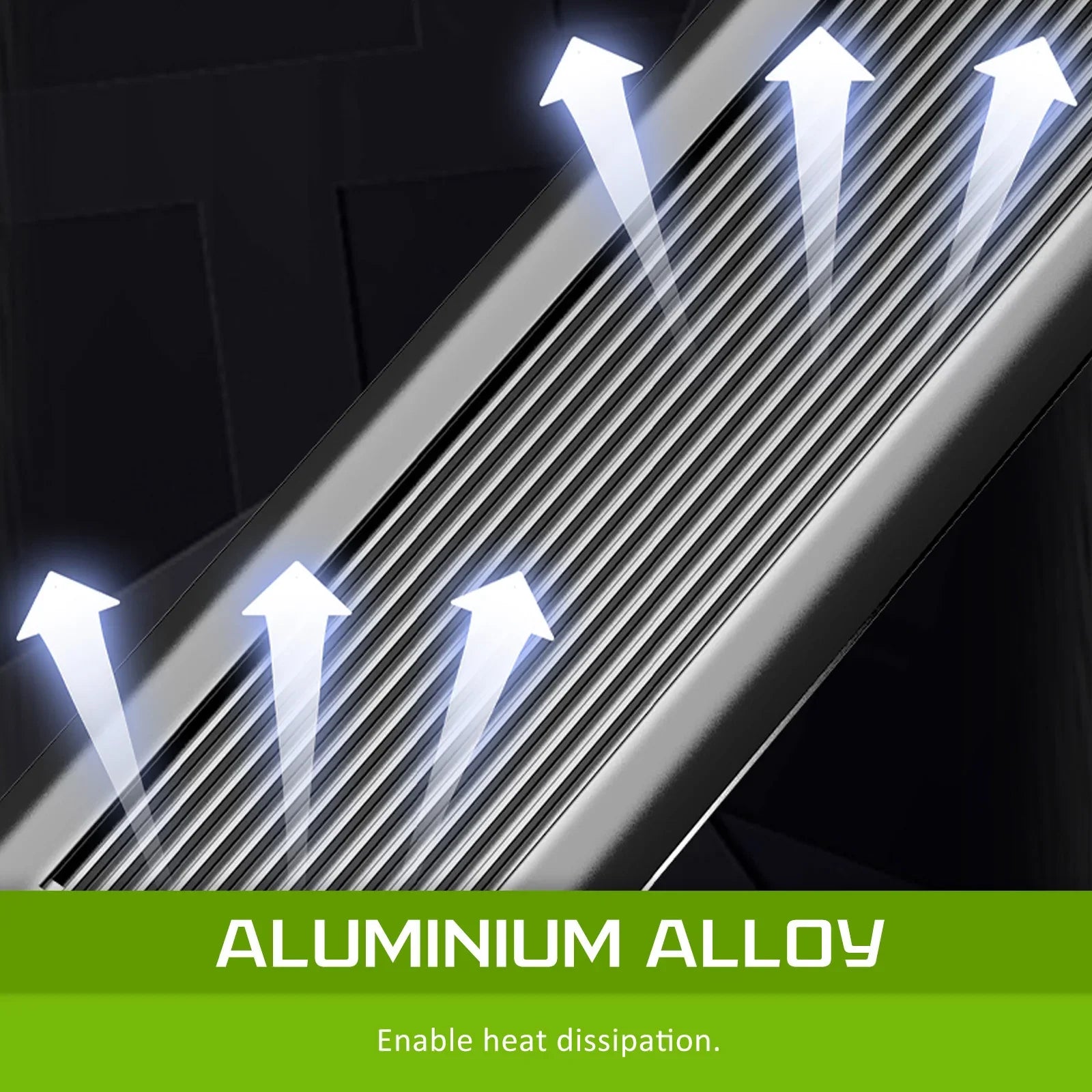 Aluminium alloy heat sink with arrows indicating heat dissipation, close-up view