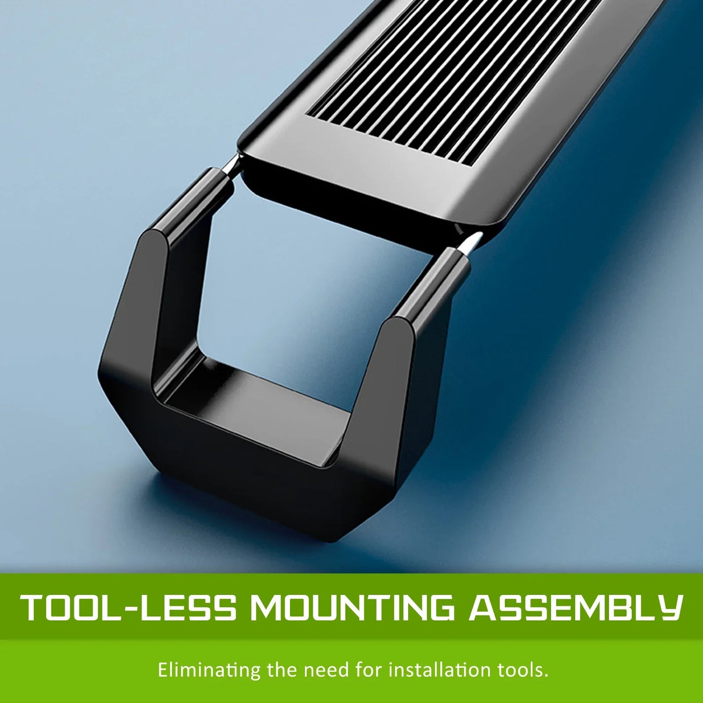 Black tool-less mounting assembly with metal handle on blue background, easy installation hardware
